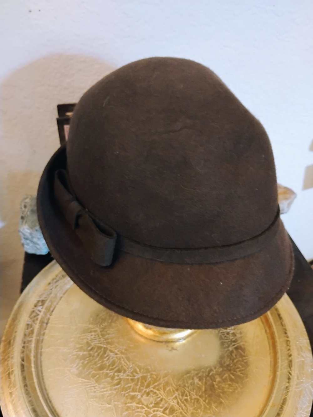 Trixie Women's Brown 100% Wool Felt Cloche Hat with Ribbon Bow